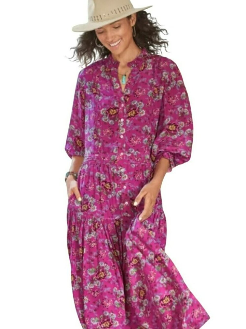 Sundance Rosalee Lined Tiered Floral Midi Dress Petite Large - Picture 2 of 11